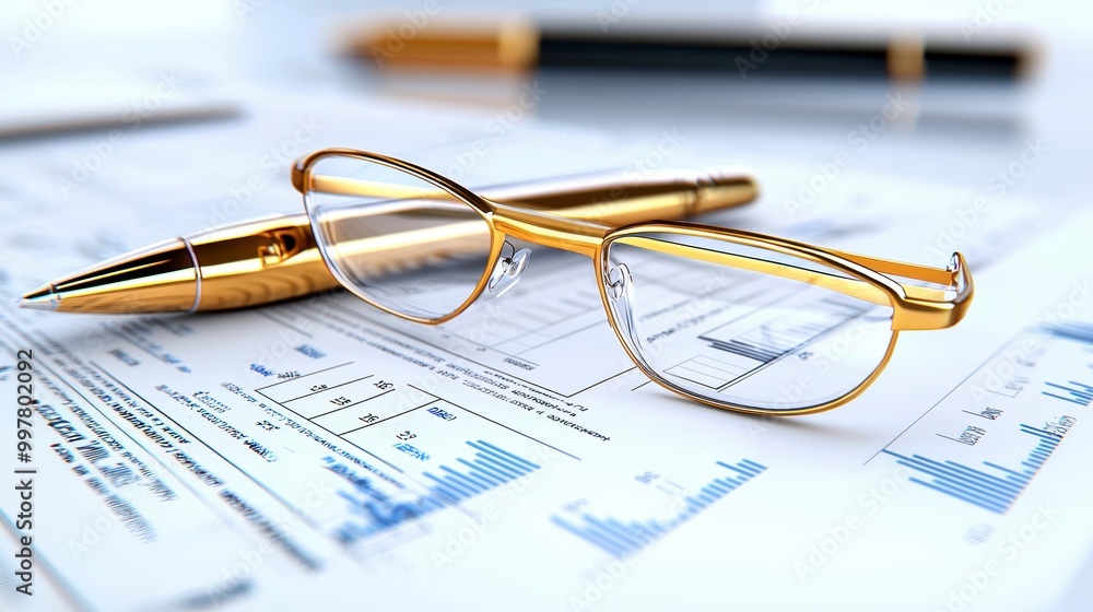 Business Tools on Desk with Glasses and Pen Business Tools on Desk with Glasses and Pen
