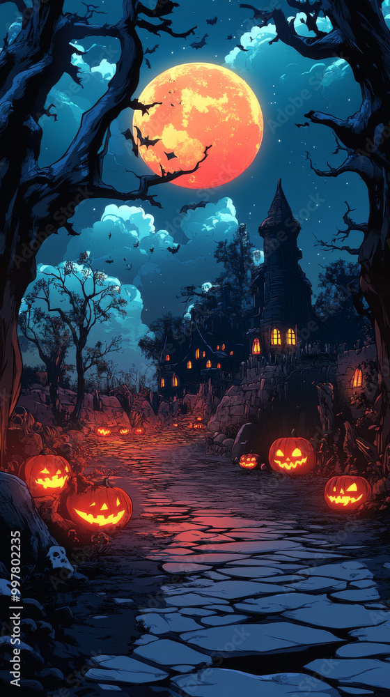 A spooky Halloween scene with a full moon and jack-o-lanterns. A spooky Halloween scene with a full moon and jack-o-lanterns.