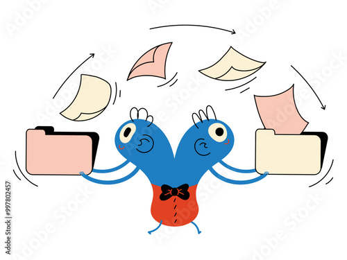 Files exchange in the air at the character