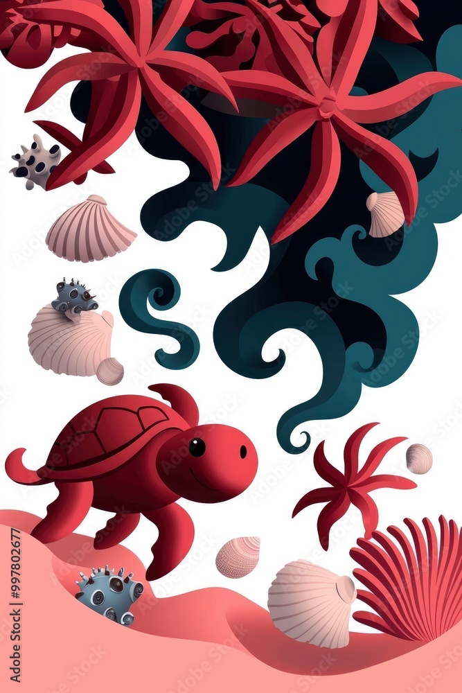 Sea Turtle with Coral Reef and Shellfish Sea Turtle with Coral Reef and Shellfish