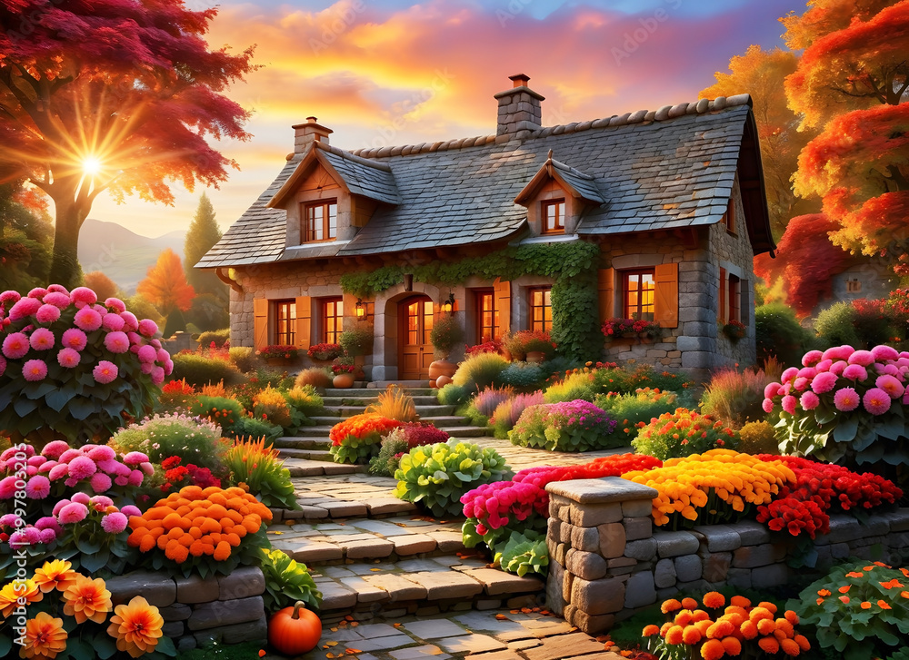 Obraz premium An image of a magical autumn landscape. An old house is surrounded by bright autumn flowers and vegetables. The house is built of stone with a tiled roof, and dahlias and pumpkins grow around it.