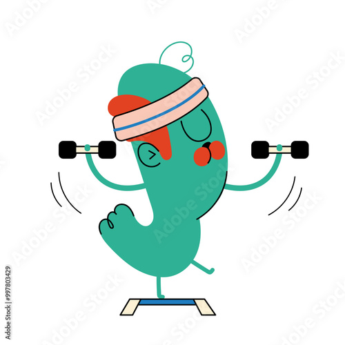 The character does aerobics