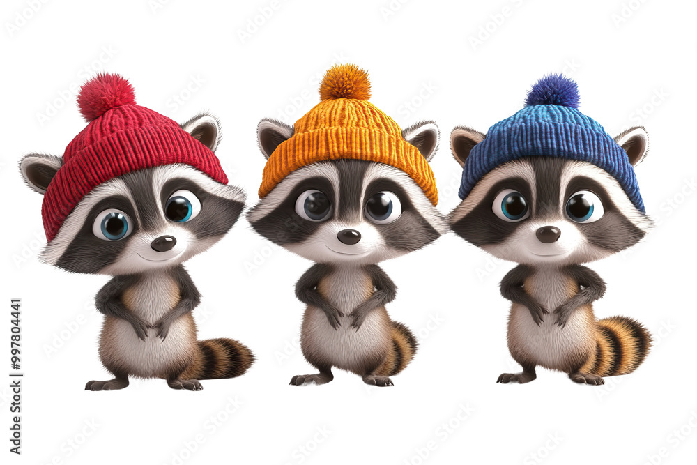 Raccoons wearing knitted hats are isolated on a transparent background. Raccoons wearing knitted hats are isolated on a transparent background.