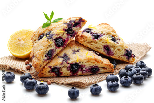 Blueberry scones with lemon glaze on white background