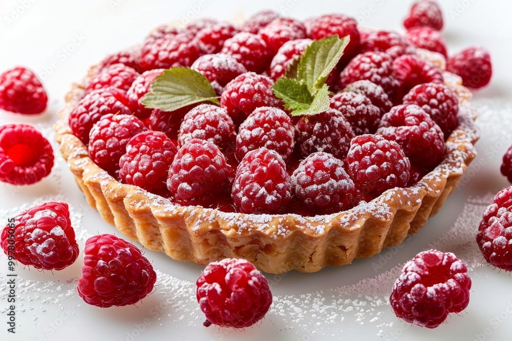 Raspberry tart with powdered sugar dusting on white background Raspberry tart with powdered sugar dusting on white background