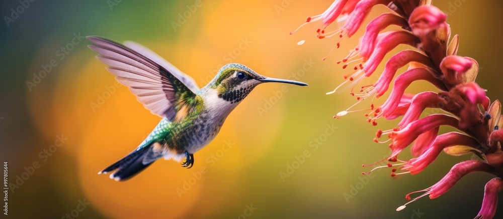 Fototapeta premium Hummingbird in Flight Approaching Pink Flower