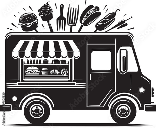 Street food truck silhouette vector illustration isolated on a white background