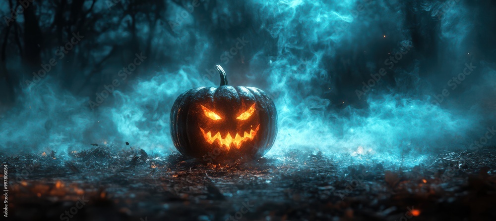 Fototapeta premium Halloween pumpkin in the background with a fuzzy Enchanted Forest