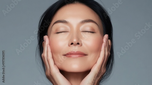 A middle-aged Asian woman with closed eyes and flawless skin touches her face, showcasing the beauty of facial cosmetic treatment for mature women over 40 years old.  photo