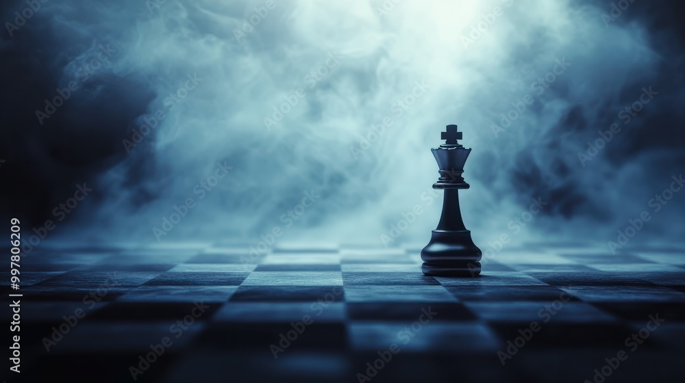 Naklejka premium a lonely chess piece on a chessboard in disturbing lighting and fog, concept strategy decision-making leadership