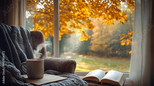 A comfortable armchair by a wide window, a steaming mug of coffee and an open book resting on the chair, with an outdoor view of a tree shedding its golden autumn leaves. photo