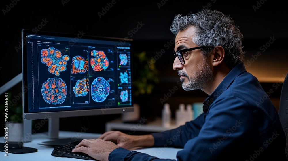 Focused on Breakthrough: A seasoned scientist meticulously analyzes data on a computer screen, his intense gaze reflecting the weight of discovery and the promise of innovation. Focused on Breakthrough: A seasoned scientist meticulously analyzes data on a computer screen, his intense gaze reflecting the weight of discovery and the promise of innovation.