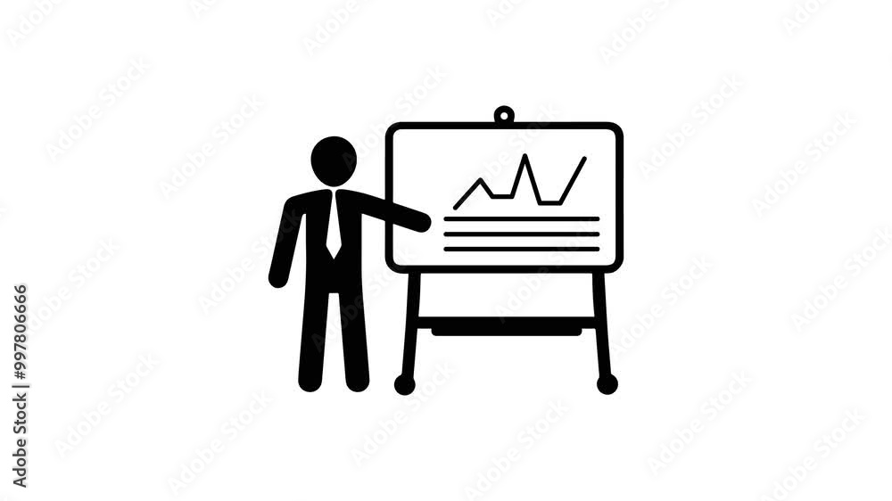 Businessman standing next to graph icon board animated on a white background. 4k Businessman standing next to graph icon board animated on a white background. 4k