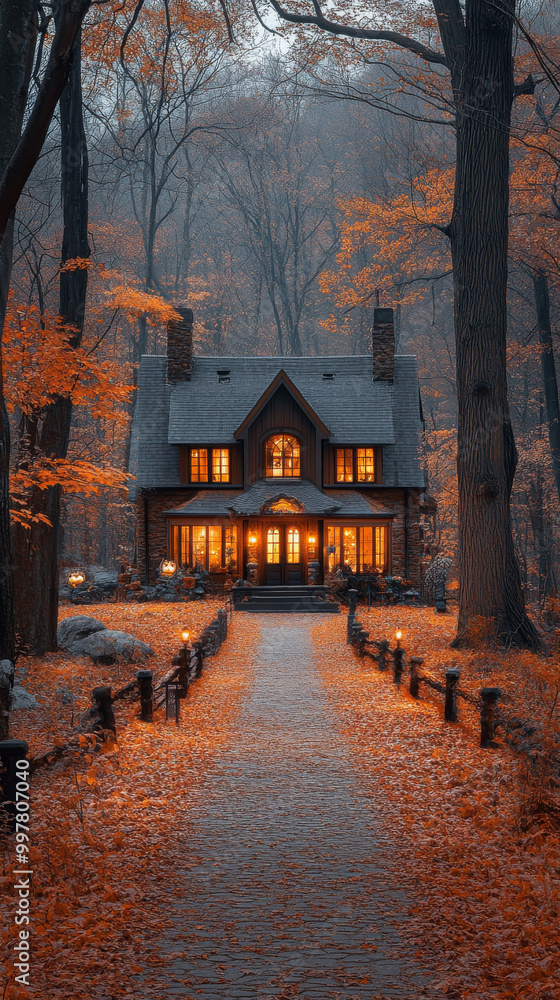Cozy cabin nestled in the woods, surrounded by autumn foliage. Cozy cabin nestled in the woods, surrounded by autumn foliage.