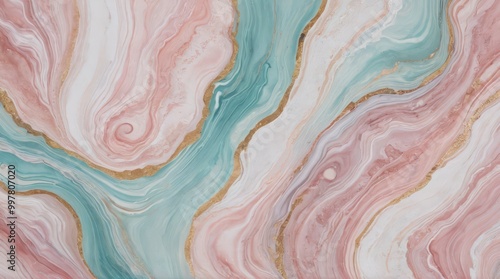 A pink and green marble wall with gold accents