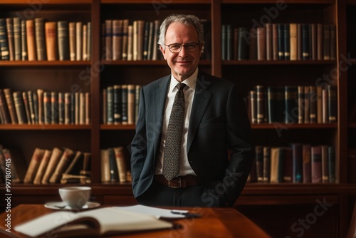 A professor exudes confidence in a suit while standing by an extensive bookshelf filled with academic literature, suggesting a scholarly environment. Generative AI