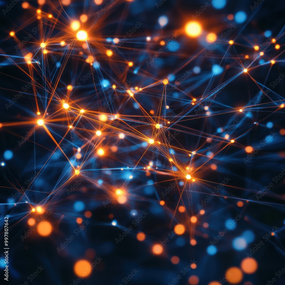 Abstract visualization of a network of glowing orange and blue nodes connected by lines, representing social media and digital communication. Concept of networking, connectivity, and data exchange. Abstract visualization of a network of glowing orange and blue nodes connected by lines, representing social media and digital communication. Concept of networking, connectivity, and data exchange.