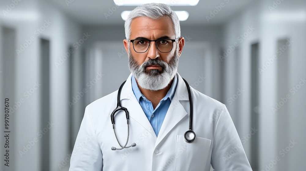 Focused Physician: Portrait of a serious, mature doctor in a white coat, conveying expertise and concern. Focused Physician: Portrait of a serious, mature doctor in a white coat, conveying expertise and concern.