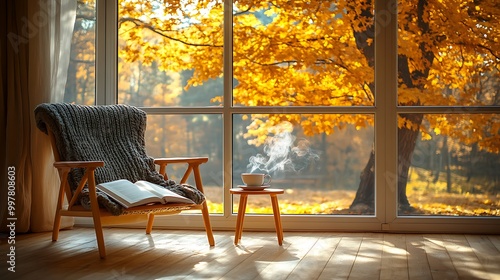 A comfortable chair placed near a large window, an open book on a small table and a steaming cup of coffee beside it, with a view of a tree shedding golden leaves outside. photo