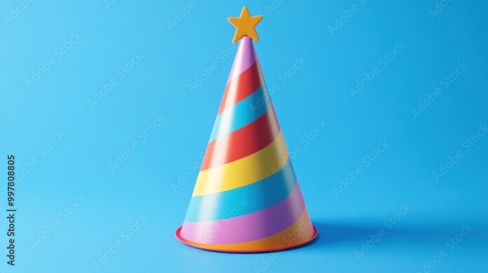 A colorful striped party hat with a yellow star on top, set against a plain blue background, typically worn during celebrations or birthday parties. A colorful striped party hat with a yellow star on top, set against a plain blue background, typically worn during celebrations or birthday parties.