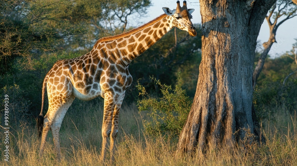 A giraffe in the wild, standing beside a tall tree, its elegant neck stretching upwards as it grazes peacefully. A giraffe in the wild, standing beside a tall tree, its elegant neck stretching upwards as it grazes peacefully.