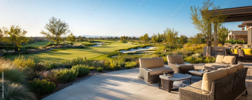 Obraz premium An expansive golf course view from a high-end resort patio, with comfortable seating and strategic landscaping that enhances the scenic fairways