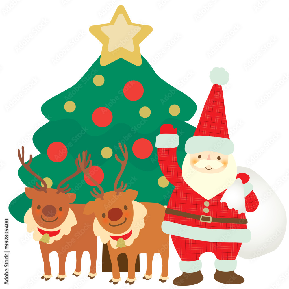 Fototapeta premium クリスマスツリーの前で微笑むサンタクロースとトナカイのベクターイラスト