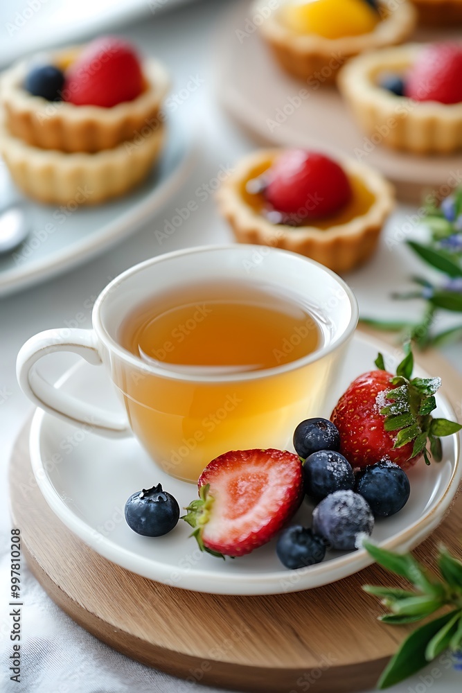 Cup of Tea with Fresh Berries and Fruit Tarts on Table. Cup of Tea with Fresh Berries and Fruit Tarts on Table.