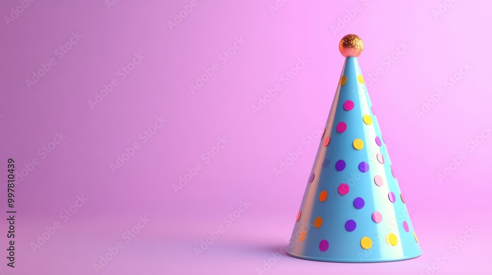 A colorful polka-dotted party hat is standing against a plain pink background, suggesting a festive or celebratory event like a birthday party. A colorful polka-dotted party hat is standing against a plain pink background, suggesting a festive or celebratory event like a birthday party.