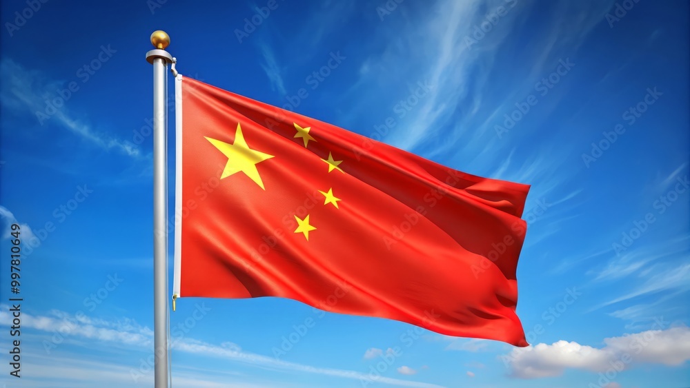 A bright Chinese flag flutters gracefully against a pristine blue sky, embodying the spirit of national pride and A bright Chinese flag flutters gracefully against a pristine blue sky, embodying the spirit of national pride and