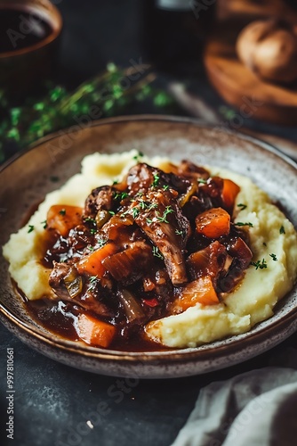 Close-up of a delicious and hearty beef stew served with creamy mashed potatoes.