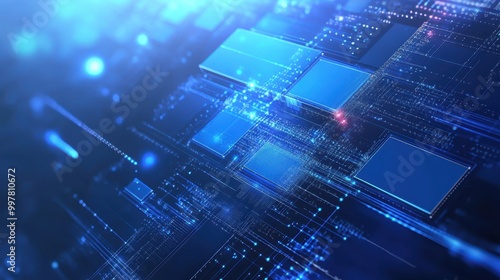 Abstract digital circuit board with blue glow and lines