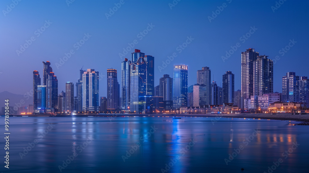 Fototapeta premium Seaside City Nightscape Under the Sunset