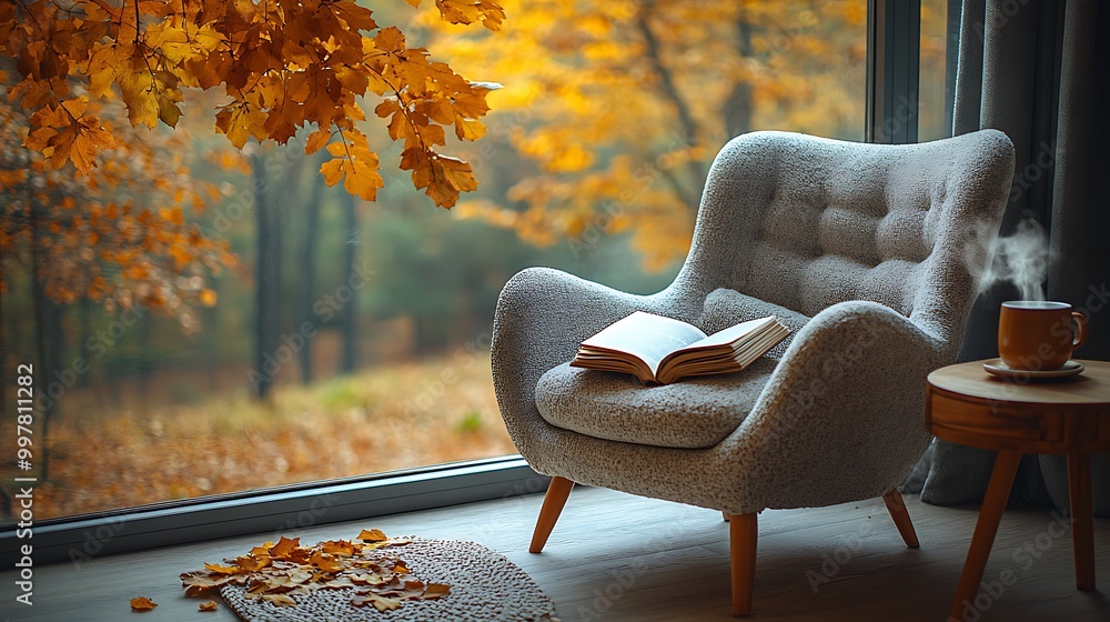 Fototapeta premium A cozy armchair by a wide window, an open book on the seat and a steaming tea cup on the side table, with golden autumn leaves gently drifting from a tree outside.