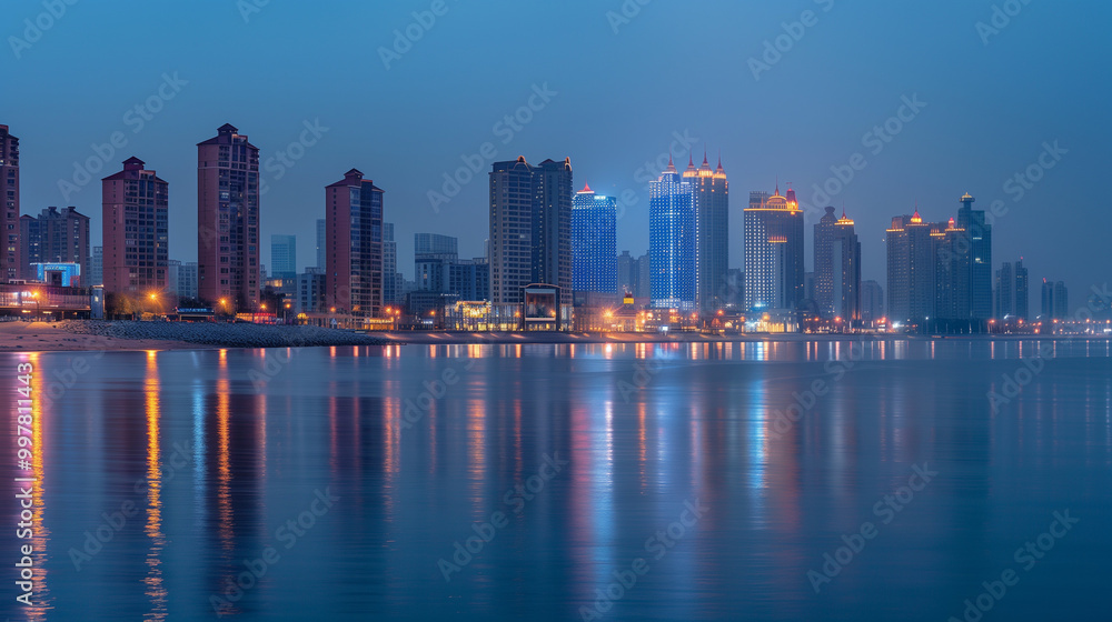 Fototapeta premium Seaside City Nightscape Under the Sunset