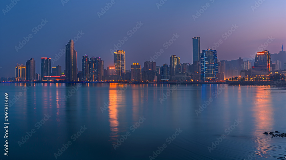 Fototapeta premium Seaside City Nightscape Under the Sunset