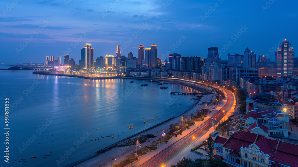Naklejka premium Seaside City Nightscape Under the Sunset