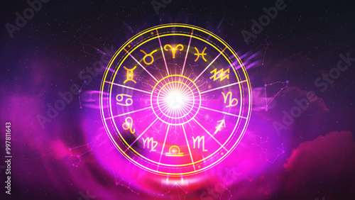 Concept of astrology and horoscope, person inside a zodiac sign wheel, Astrological zodiac signs inside of horoscope circle, Astrology, knowledge of stars in the sky, power of universe concept.