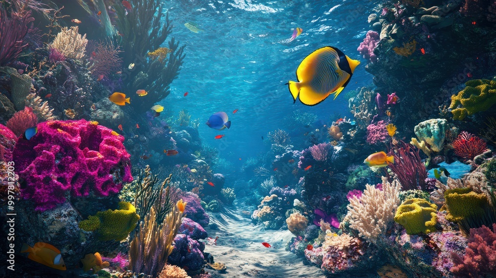 Naklejka premium Dive into a colorful coral reef bustling with a variety of fish species swimming amidst the vibrant corals and marine life