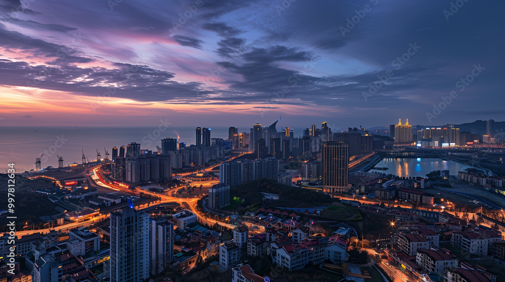 Fototapeta premium Seaside City Nightscape Under the Sunset