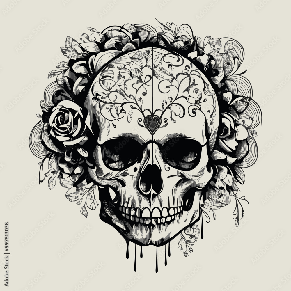 Fototapeta premium Drawing of a skull with flowers on it vector illustration generative ai