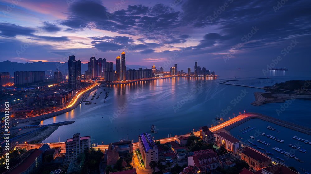 Obraz premium Seaside City Nightscape Under the Sunset
