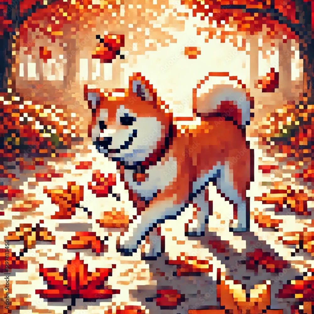 Shiba Inu Enjoying Autumn Leaves in Pixel Art Shiba Inu Enjoying Autumn Leaves in Pixel Art