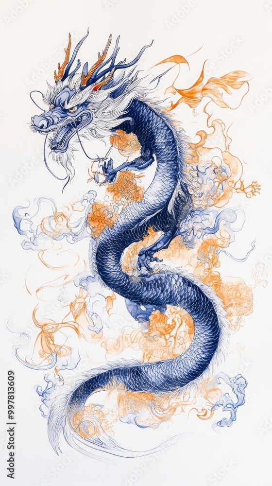 An intricate, hand-drawn blue dragon entwined with colorful smoke, showcasing detailed scales and elegant curves against a white background. An intricate, hand-drawn blue dragon entwined with colorful smoke, showcasing detailed scales and elegant curves against a white background.