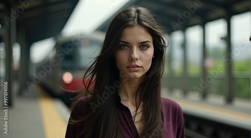 A young woman with long hair stands beside a train at a bustling station on a cloudy afternoon, looking thoughtfully into the distance