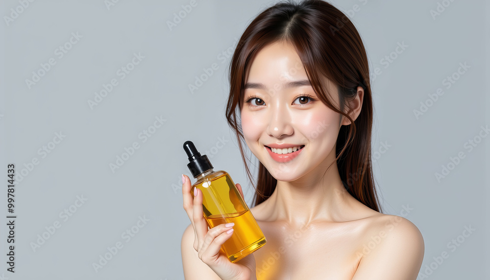 Smiling woman holding a bottle of oil with a neutral background.
