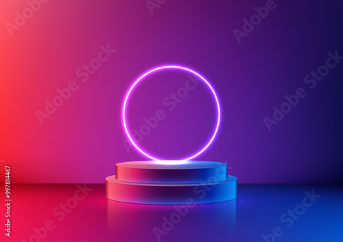 Futuristic Neon Podium for Technology Product Display, Vibrant Circle Backdrop, Perfect for Modern Mockup and Showroom Presentations