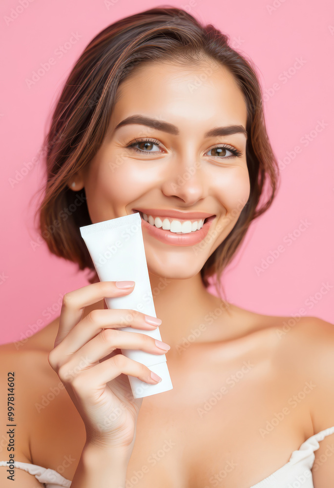 Smiling woman holding skincare tube, portrait on pink background Smiling woman holding skincare tube, portrait on pink background