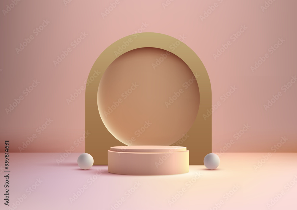Soft Pink Cylindrical Podium Scene with Golden Arch and White Spheres, Perfect for Showroom or Minimalist Design Concepts Soft Pink Cylindrical Podium Scene with Golden Arch and White Spheres, Perfect for Showroom or Minimalist Design Concepts
