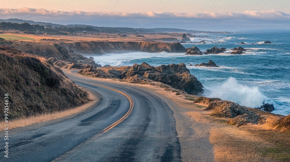 A scenic coastal road with waves crashing against rocky cliffs, the ocean stretching out toward the A scenic coastal road with waves crashing against rocky cliffs, the ocean stretching out toward the